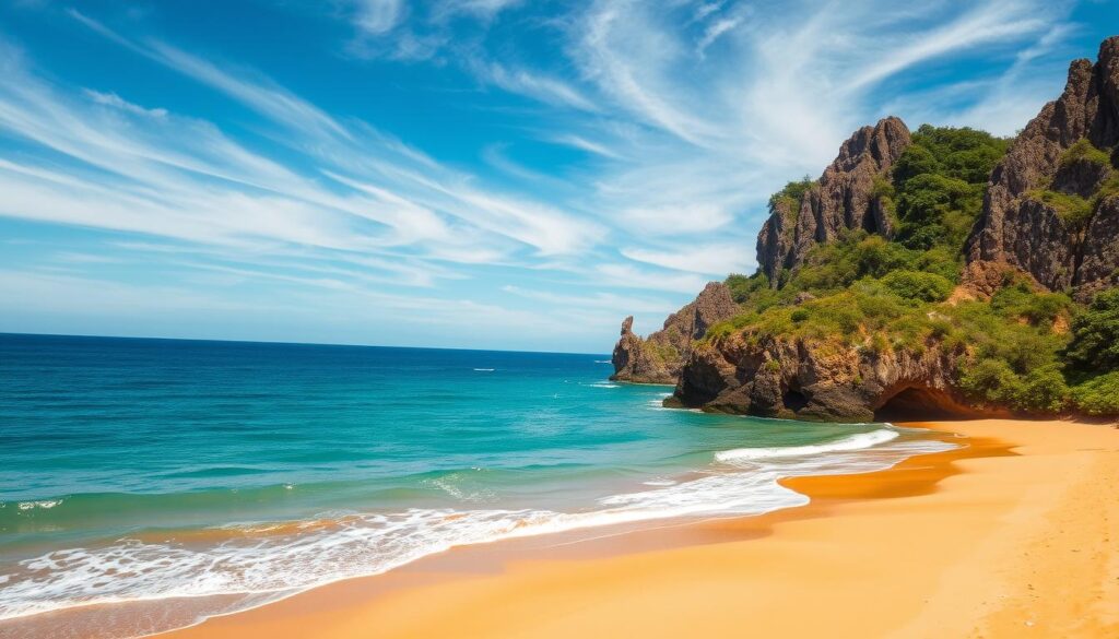 A breathtaking seaside vista of Praia Campeche, a stunning beach along the southern coast of Florianópolis, Brazil. In the foreground, sun-dappled golden sands lead to a gently lapping turquoise ocean, its waves kissing the shore. In the middle ground, rugged granite cliffs rise majestically, their weathered faces adorned with lush, verdant vegetation. The background features a cloudless azure sky, with wispy cirrus clouds casting a soft, ethereal glow over the scene. The lighting is warm and natural, illuminating the scene with a vibrant, almost magical quality. Captured with a wide-angle lens to showcase the expansive, awe-inspiring landscape, this image perfectly encapsulates the beauty, tranquility, and splendor of Brazil's stunning coastal regions.