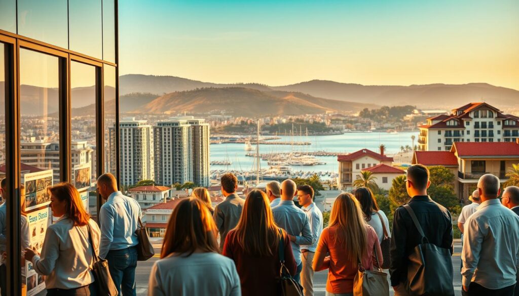 A bustling real estate marketplace in the heart of a thriving coastal city. In the foreground, prospective homebuyers and investors engage in lively negotiations, examining property listings and price tags through the glass windows of a modern real estate office. The middle ground features a mix of newly constructed high-rise condominiums and historic low-rise buildings, reflecting the city's evolving architectural landscape. In the background, a picturesque harbor framed by rolling hills sets the stage, with the warm glow of the sun casting a golden hue over the entire scene. The atmosphere conveys a sense of energy, growth, and competitive demand within the local real estate market.