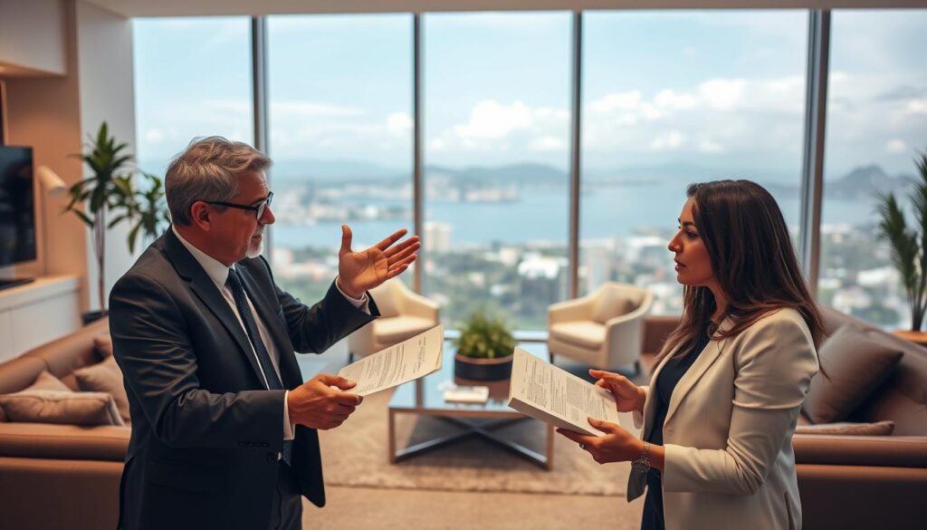 A bustling real estate negotiation in Florianópolis, Brazil. In the foreground, two professional real estate agents engage in a lively discussion, gesturing animatedly as they review documents and discuss terms. The middle ground features a well-appointed office space, with sleek furniture and modern decor, conveying an atmosphere of professionalism and success. In the background, the iconic landmarks of Florianópolis' coastline can be seen through large windows, suggesting the prime location of this real estate transaction. Warm, directional lighting illuminates the scene, casting a sense of earnestness and diligence. The overall mood is one of focused negotiation, with the agents working to secure the best possible deal for their clients.