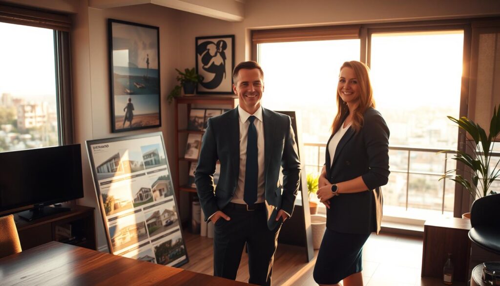 A cozy real estate office in Florianópolis, Brazil, illuminated by warm natural light filtering through large windows. In the foreground, a smartly dressed agent, Diogo Fernando, stands ready to assist a prospective client, their expressions conveying a sense of trust and professionalism. The middle ground features a display of property listings, showcasing the diverse range of rental and sale options available. In the background, a subtle cityscape can be seen, hinting at the vibrant urban landscape surrounding the office. The overall atmosphere evokes a welcoming, knowledgeable, and local real estate experience.