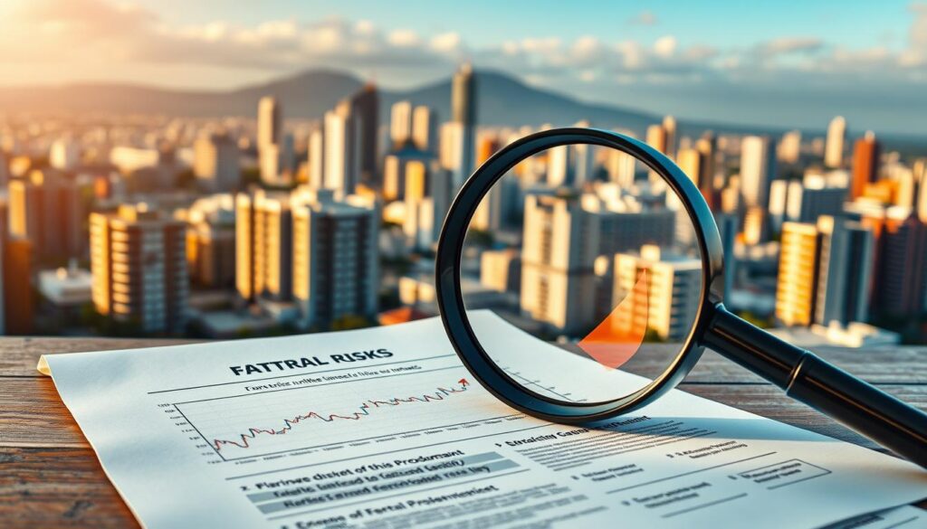 A high-quality, photorealistic image depicting the financial risks and market trends associated with real estate investment, set against the backdrop of the vibrant city of Florianópolis. In the foreground, a magnifying glass hovers over a contract, symbolizing the careful examination required before signing. The middle ground features a graph displaying fluctuating market data, with arrows indicating both rising and falling trends. In the background, a cityscape of modern, diverse buildings conveys the dynamic nature of the local real estate landscape. The lighting is warm and inviting, creating a sense of professionalism and expertise. The overall composition and attention to detail effectively illustrate the section's focus on protecting rental profitability.