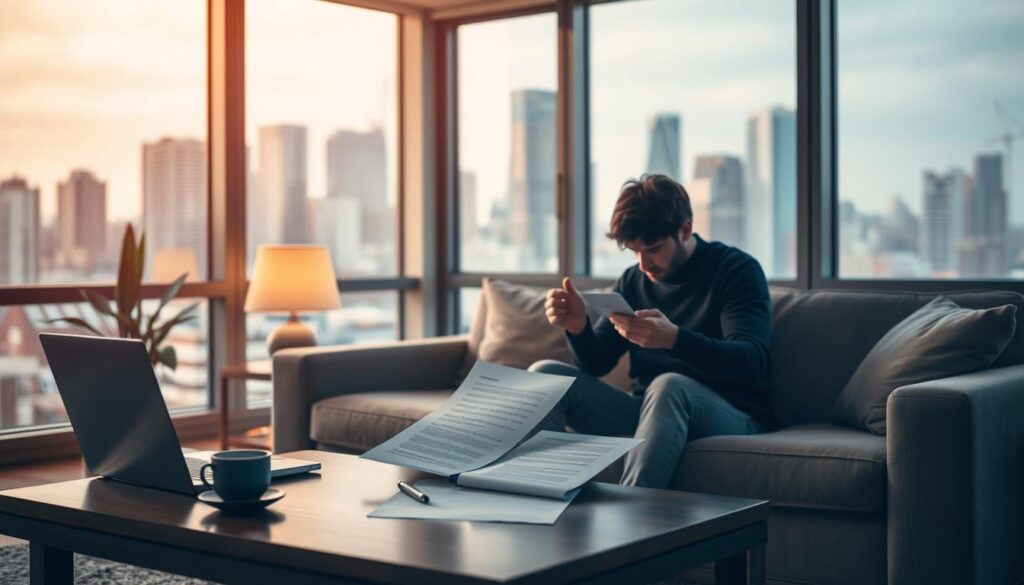 A modern apartment interior with a cozy living room in the foreground. In the middle ground, a person sits on a comfortable sofa, deep in thought, considering a contract or document. The background features large windows overlooking a bustling city skyline, hinting at the important decision being made. Soft, warm lighting creates a contemplative atmosphere, while subtle details like a laptop, pen, and cup of coffee on the coffee table suggest the seriousness of the moment. The overall scene conveys a sense of careful consideration and attention to important details before signing a significant agreement.