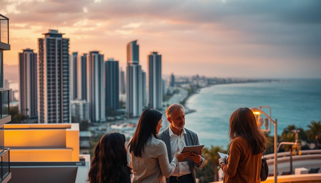 A modern city skyline with high-rise apartment buildings, set against a backdrop of a scenic coastal landscape. In the foreground, a group of people discussing rental agreements, gesturing towards a tablet or document. Warm lighting illuminates the scene, conveying a sense of contemplation and negotiation. The overall atmosphere is professional yet slightly tense, reflecting the sensitive nature of rental adjustments. Subtle architectural details and street-level elements add depth and realism to the image.