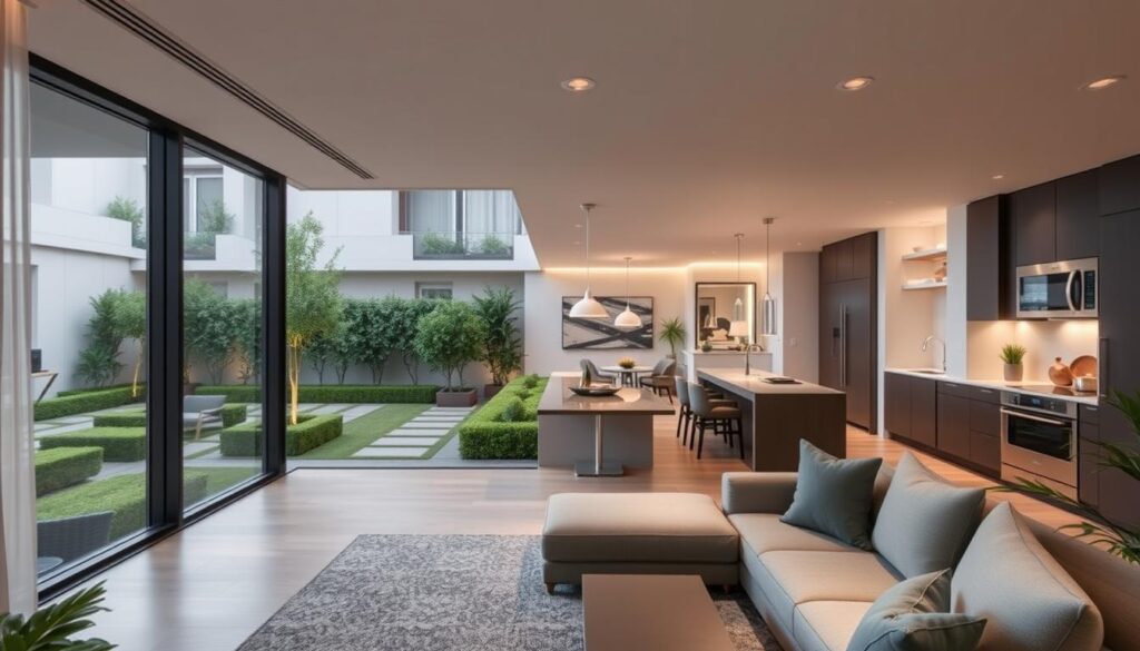 A modern, high-end condominium showcasing a variety of suite options. In the foreground, an open-concept living room with floor-to-ceiling windows overlooking a lush, manicured courtyard. Soft, diffused lighting creates a warm, inviting atmosphere. In the middle ground, a sleek, minimalist kitchen with high-end appliances seamlessly blends into the living space. In the background, a glimpse of a private balcony or terrace, hinting at the luxurious amenities available to residents. The overall scene conveys a sense of sophisticated, comfortable living in an exclusive, gated community.