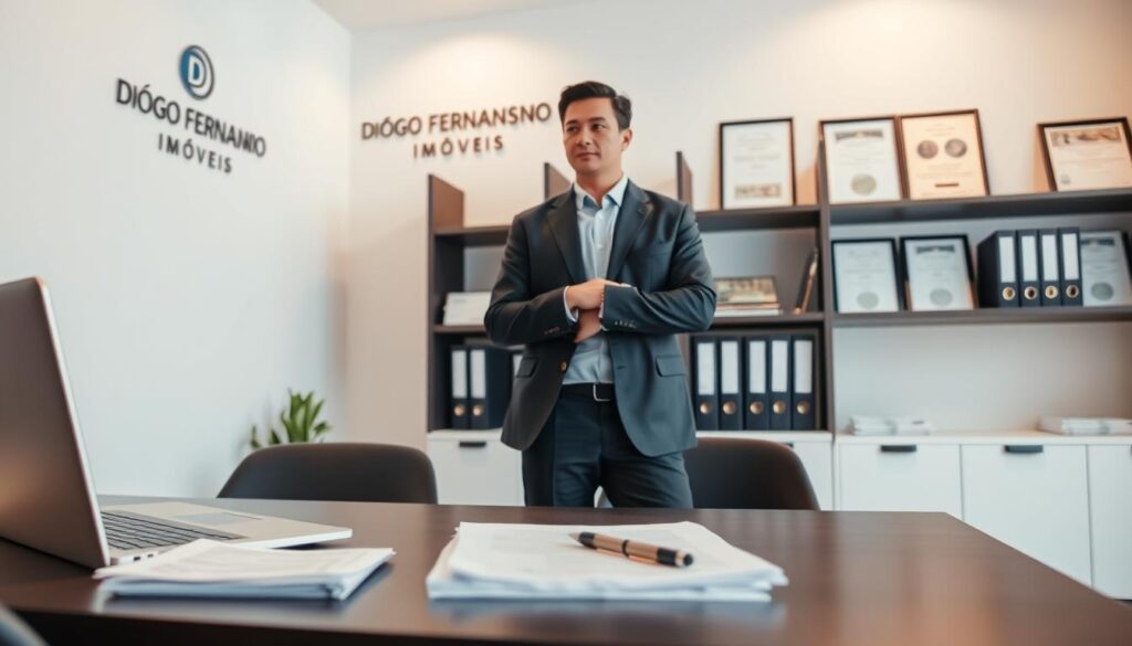 A modern, minimalist office setting with clean lines and a professional atmosphere. In the foreground, a desk with a laptop, pen, and neatly stacked documents, symbolizing the responsibilities of a real estate agent. In the middle ground, a person in a suit standing, representing the real estate agent, with a thoughtful expression, conveying their role in guiding clients. In the background, shelves with files and framed certificates, indicating the administrative and legal aspects of the business. Warm, indirect lighting creates a sense of professionalism and trust. The Diogo Fernando Imóveis brand name is displayed discreetly on the wall.