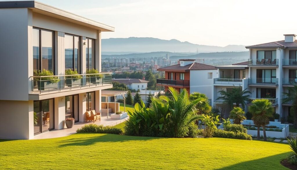 A modern, two-story apartment building nestled in a vibrant urban neighborhood of Florianópolis. The structure is composed of clean lines, with a mix of glass, steel, and warm-toned wood accents. The facade is bathed in soft, natural light, creating a welcoming atmosphere. In the foreground, a well-maintained lawn and lush, landscaped garden add a touch of greenery. The middle ground features several balconies adorned with potted plants, hinting at the cozy interiors. In the background, a backdrop of rolling hills and the distant silhouette of the city skyline provide a picturesque setting. The overall scene conveys a sense of comfortable, city-living, perfectly suited for the "Moradia: aluguel, compra e bairros que cabem no seu orçamento" section of the article.