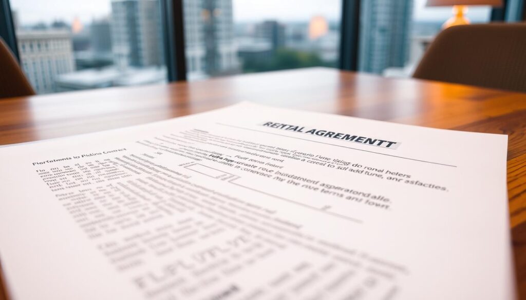 A neatly organized rental agreement contract, laid out on a wooden table with a warm, cozy lighting. The contract's text is clearly visible, showcasing the key terms and legal aspects of a rent-to-own arrangement. In the background, a subtle, blurred cityscape suggests the urban setting. The overall atmosphere conveys a sense of professionalism, attention to detail, and the importance of understanding the legal nuances involved in this type of rental agreement.