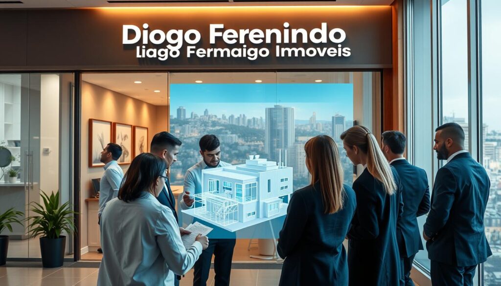 A real estate office with the brand name "Diogo Fernando Imóveis" prominently displayed on the storefront. The office has a warm, inviting atmosphere with large windows, clean modern decor, and professional agents assisting clients. In the foreground, a group of people examining property documents and discussing options. In the middle ground, a virtual 3D model of a property is being projected, showcasing its features. The background depicts a vibrant city skyline, hinting at the wide range of properties available. The lighting is soft and natural, creating a sense of professionalism and trustworthiness. The overall scene conveys the key advantages of working with a real estate agent: expertise, technology, and a comprehensive understanding of the local market.