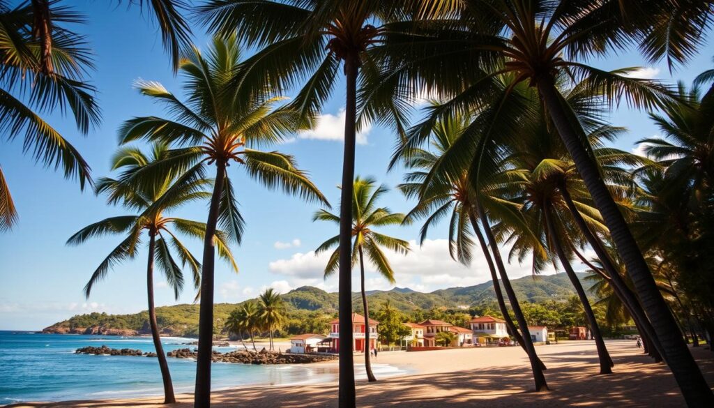 A serene coastal town nestled in the southern reaches of Florianópolis, the lush "Sul Ilha" embraces the crystal waters of the Campeche beach. Towering palm trees sway gently in the soft breeze, their fronds casting dappled shadows on the sun-kissed sand. In the middle ground, whitewashed beach houses with terracotta roofs line the shore, their vibrant colors complementing the azure sky. In the distance, rolling hills and lush greenery frame the scene, creating a picturesque, almost postcard-worthy vista. The warm, golden light of the late afternoon bathes the entire landscape, infusing it with a sense of tranquility and natural beauty.