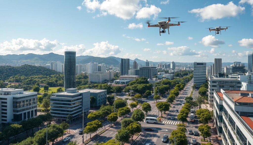 A sprawling metropolis nestled among lush hills, Florianópolis showcases its cutting-edge infrastructure. Sleek high-rise buildings with floor-to-ceiling windows reflect the city's skyline, their modern facades contrasted by verdant parks and tree-lined avenues. In the foreground, a network of bike lanes and electric vehicles weaves through the streets, connecting seamless public transit hubs. Overhead, drones and autonomous shuttles ferry commuters, while renewable energy sources power the bustling urban landscape. The scene exudes a sense of progress and sustainability, capturing Florianópolis' evolution into a hub for remote work and eco-conscious living.