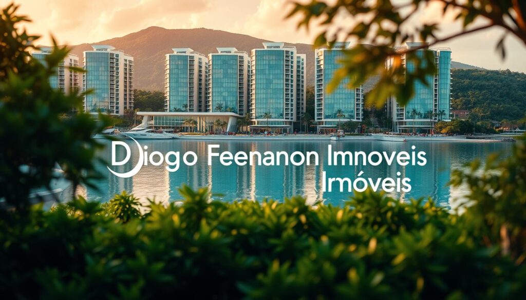 A vibrant, modern commercial development nestled in the picturesque southern shores of the island. Sleek, glass-paneled buildings stand tall, their reflections dancing on the calm, azure waters. Lush, verdant landscaping frames the scene, creating a harmonious blend of nature and urban design. In the foreground, the "Diogo Fernando Imóveis" brand shines, showcasing its commitment to sustainable, innovative real estate solutions. Warm, diffused lighting bathes the area, evoking a sense of inviting ambiance. The composition captures the perfect balance of progress and preservation, enticing potential investors and entrepreneurs to explore the boundless opportunities awaiting them in this thriving, coastal destination.