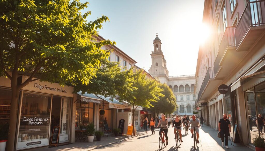 A vibrant street scene in a thriving local business district, with Diogo Fernando Imóveis storefront in the foreground. Warm sunlight filters through lush foliage, casting a golden glow on the bustling shops, cafes, and artisanal boutiques. Friendly pedestrians and cyclists move through the scene, creating a sense of community and collaboration. In the background, the iconic architecture of the historic town center provides a timeless backdrop, hinting at the deep roots of this commercial ecosystem. The overall mood is one of shared prosperity, local pride, and a strong sense of place.
