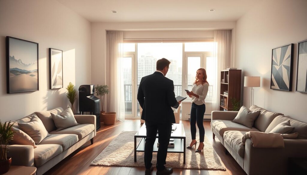 A well-lit interior of a modern apartment, the walls adorned with minimalist artwork. In the center, a meticulously inspected rental property, with the landlord and tenant collaboratively evaluating its condition. Sunlight filters through large windows, casting a warm glow on the scene. Furniture and appliances are in pristine order, reflecting the care and attention given to maintaining the property. The atmosphere conveys a sense of professionalism and mutual understanding, setting the stage for a seamless handover at the end of the rental agreement.