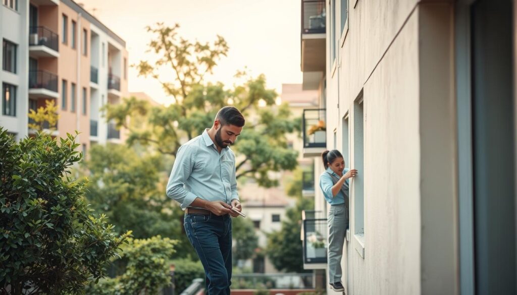A well-maintained apartment building in a tranquil urban setting. The foreground features a landlord inspecting the property, carefully examining the walls and fixtures. In the middle ground, a tenant is seen making minor repairs, demonstrating the shared responsibility for upkeep. The background showcases the surrounding neighborhood, with lush greenery and a clear, warm sky, conveying a sense of harmony and care. The lighting is soft and natural, highlighting the attention to detail and the collaborative nature of property maintenance. The composition emphasizes the importance of proactive management and the shared investment in preserving the quality of the living space.