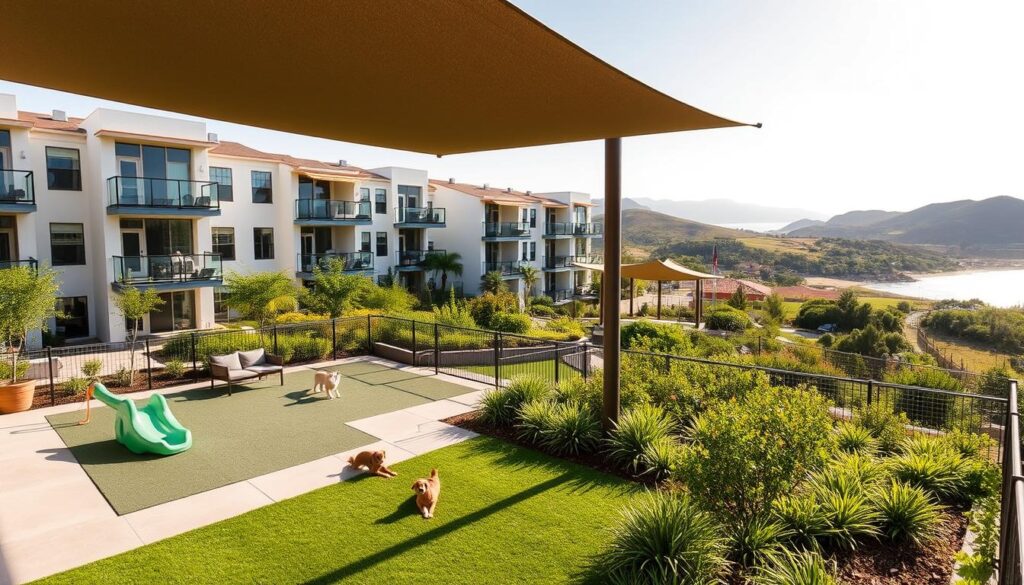 A condominium complex with a modern, well-designed pet play area in the foreground. The pet place features lush greenery, play equipment, and shaded seating areas for owners. In the middle ground, the condos are contemporary, with clean lines and a harmonious color palette, blending seamlessly into the natural surroundings. The background showcases a scenic coastal landscape, with rolling hills, lush vegetation, and a glimpse of the sparkling ocean. The lighting is warm and inviting, creating a welcoming atmosphere for both humans and their furry companions. The overall scene conveys a sense of tranquility, comfort, and a lifestyle that caters to the needs of pet-owning residents.