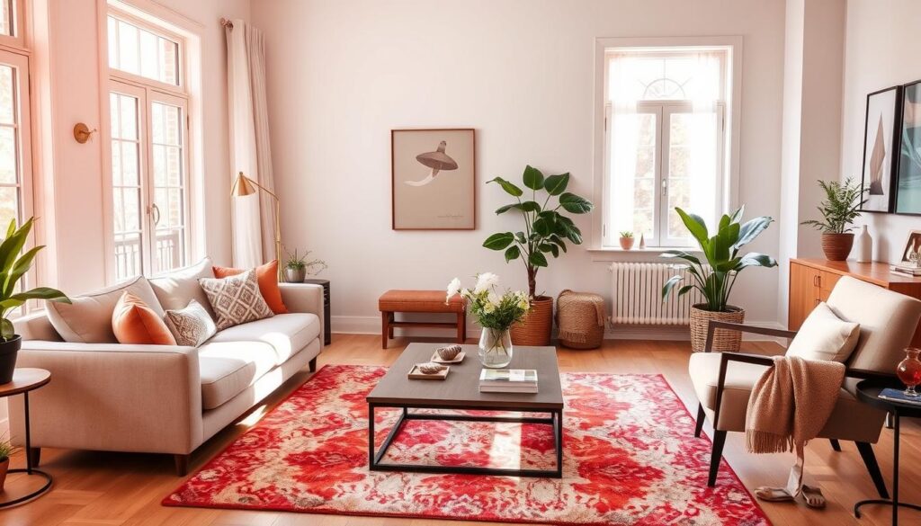 A cozy and inviting living room scene, bathed in warm, natural light filtering through large windows. Plush, neutral-toned furniture, including a comfortable sofa and armchair, arranged around a sleek, modern coffee table. Accent pieces like a vibrant area rug, lush houseplants, and tasteful wall decor add depth and character. The overall atmosphere conveys a sense of tranquility and sophistication, perfect for showcasing smart, practical solutions for home staging and interior design.