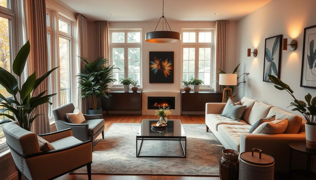 A cozy and well-lit living room, with warm, natural lighting filtering through large windows. Sleek and minimalist furniture, including a plush couch and a stylish coffee table, creates an inviting ambiance. Decorative lighting fixtures, such as a modern pendant lamp or wall sconces, cast a soft, even glow throughout the space. The room is adorned with lush, verdant plants and subtle, tasteful artwork, adding depth and personality. The overall atmosphere is one of refined elegance, perfectly suited for a staged, high-end real estate setting.