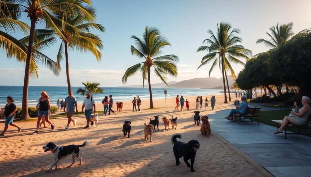 A scenic seaside promenade in Florianopolis, Brazil, where pet owners and their furry companions stroll along the coastline. Lush palm trees sway in the gentle breeze, casting soft shadows on the vibrant, sandy beach. In the distance, the crystal-clear waters of the Atlantic Ocean glisten under the warm, golden sunlight. Friendly dogs of various breeds play, run, and explore the designated pet-friendly areas, their joyful barks echoing through the tranquil atmosphere. Families and couples relax on park benches, enjoying the picturesque views and the peaceful coexistence of humans and their beloved pets. The scene captures the essence of a pet-friendly outdoor experience in the beautiful seaside city of Florianopolis.