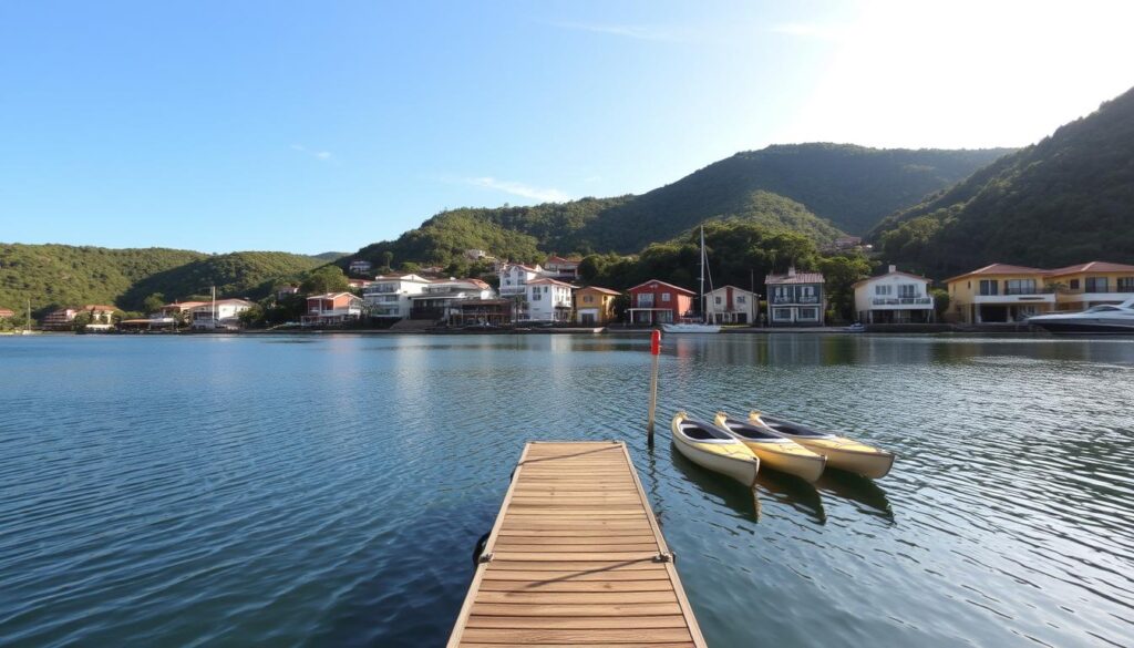 A serene view of Lagoa Conceição in Florianópolis, Brazil, showcasing the calm waters surrounded by lush green hills and colorful houses. In the foreground, a small wooden dock extends into the lake, with a couple of kayaks gently resting beside it. The middle ground features the vibrant community with modern architectural homes reflecting a blend of style and nature. In the background, rolling hills embrace the lagoon, with patches of dense forest peeking through. Soft sunlight filters through the trees, casting dappled shadows on the water. The scene captures a tranquil yet inviting atmosphere, emphasizing a lifestyle harmonized with nature. The angle is slightly elevated, providing a panoramic view of the lagoon's beauty and the essence of quality living in harmony with the environment.