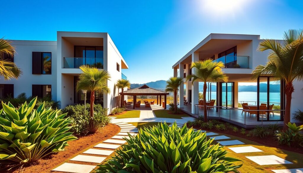 A vibrant, modern exterior view of the Tuka Home Club in Canto da Lagoa, showcasing an upscale architectural design with clean lines and large glass windows. In the foreground, include a lush green landscape with tropical plants and pathways leading to the entrance. The middle ground features the stunning clubhouse, with a welcoming entrance and outdoor seating areas, under a clear blue sky. In the background, depict scenic views of Lagoa’s serene waters and distant hills, providing a tranquil atmosphere. The lighting is warm and inviting, capturing the essence of a sunny day, with soft shadows enhancing the architecture. The mood is friendly and upscale, reflecting a community space perfect for relaxation and social gatherings.